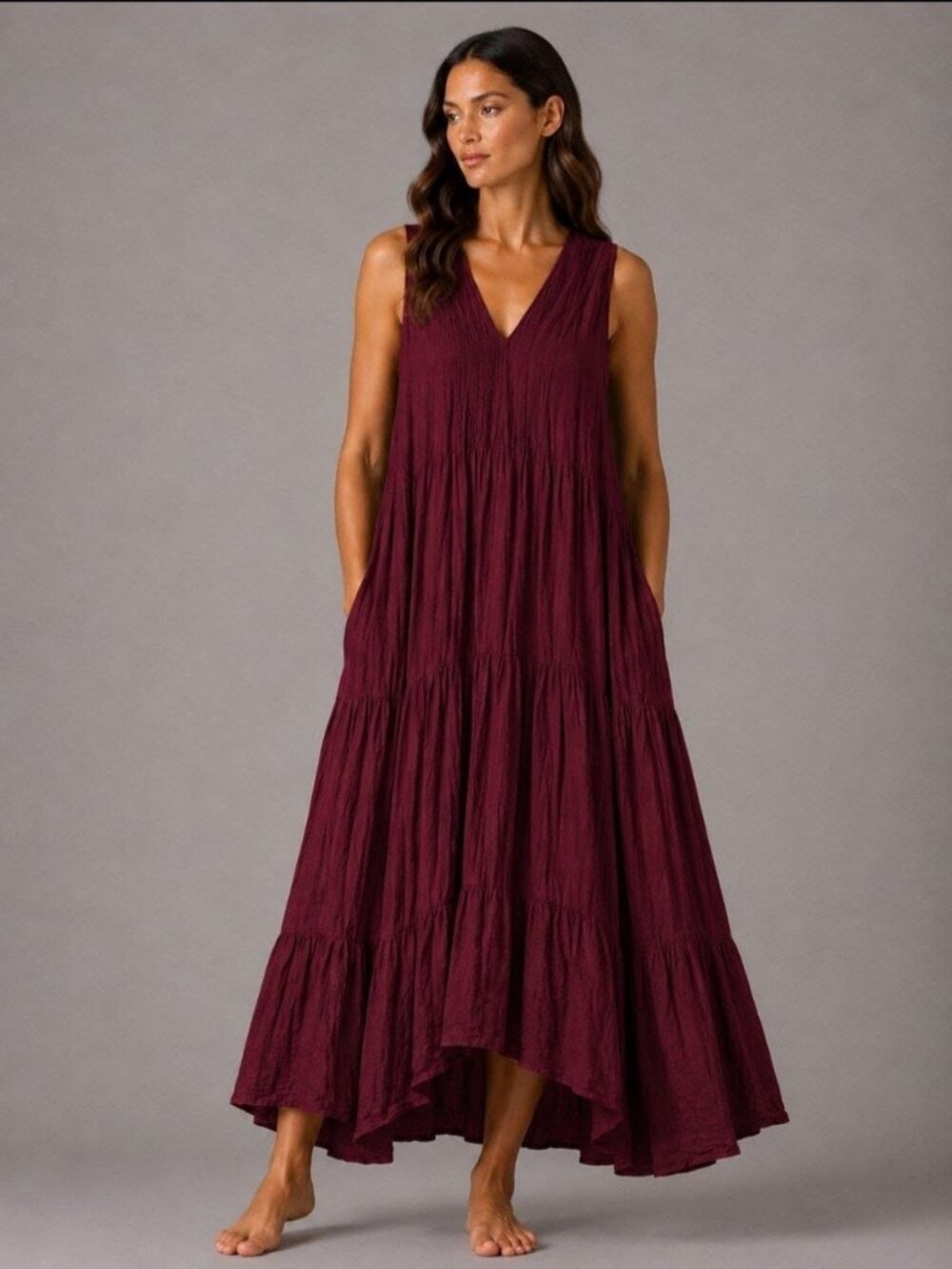 Women’s Boho 100% Cotton Maxi Dress Burgundy Lined V-Neck Pockets One Size L